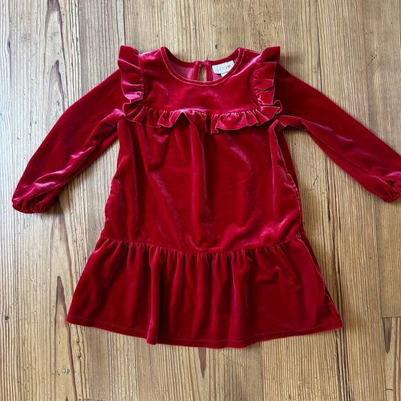 Cat & Jack red velvet long sleeve ruffle peplum dress SIZE 3T - Picture 1 of 5